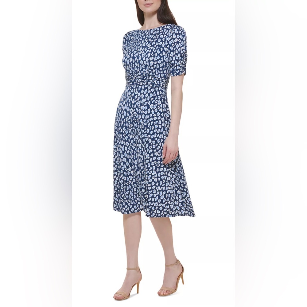 Jessica Howard, Printed Boat-Neck Ruched-Waist Dress, Size 12 Petite, EUC